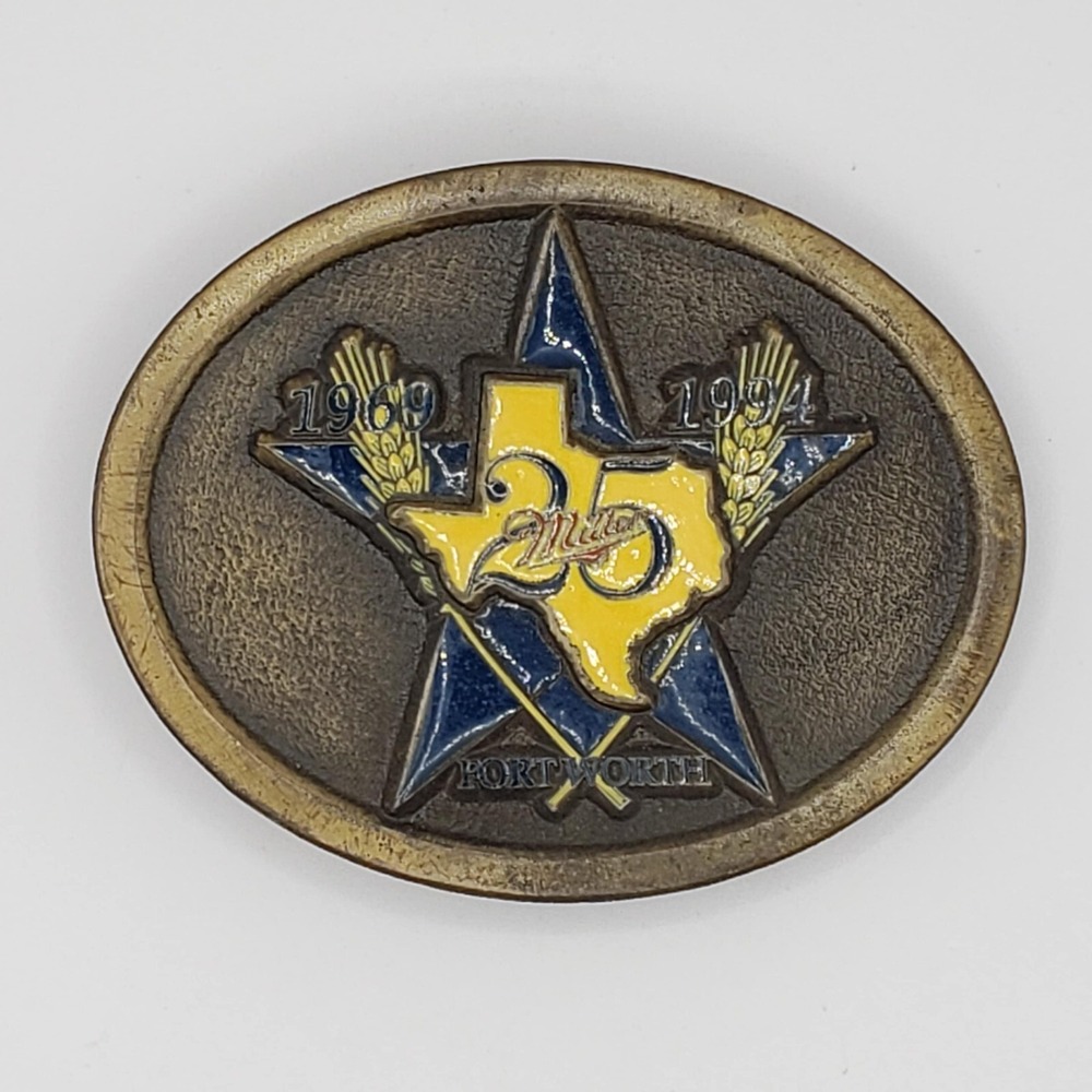 Miller Beer 25th Anniversary Ft Worth Texas Blue Yellow Brass Oval Belt Buckle